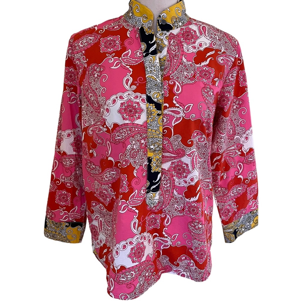 J. Crew Red/Pink/Mustard Paisley Cotton Poplin Henley Style Blouse XS
